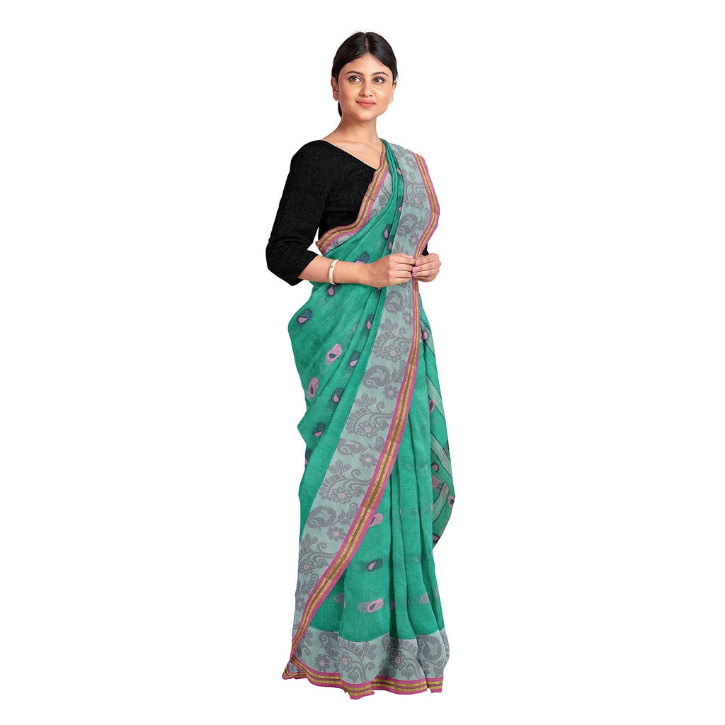 Exclusive Collection 100% Pure Cotton Green Tant Saree With Hand Weaving Work | Grocsy