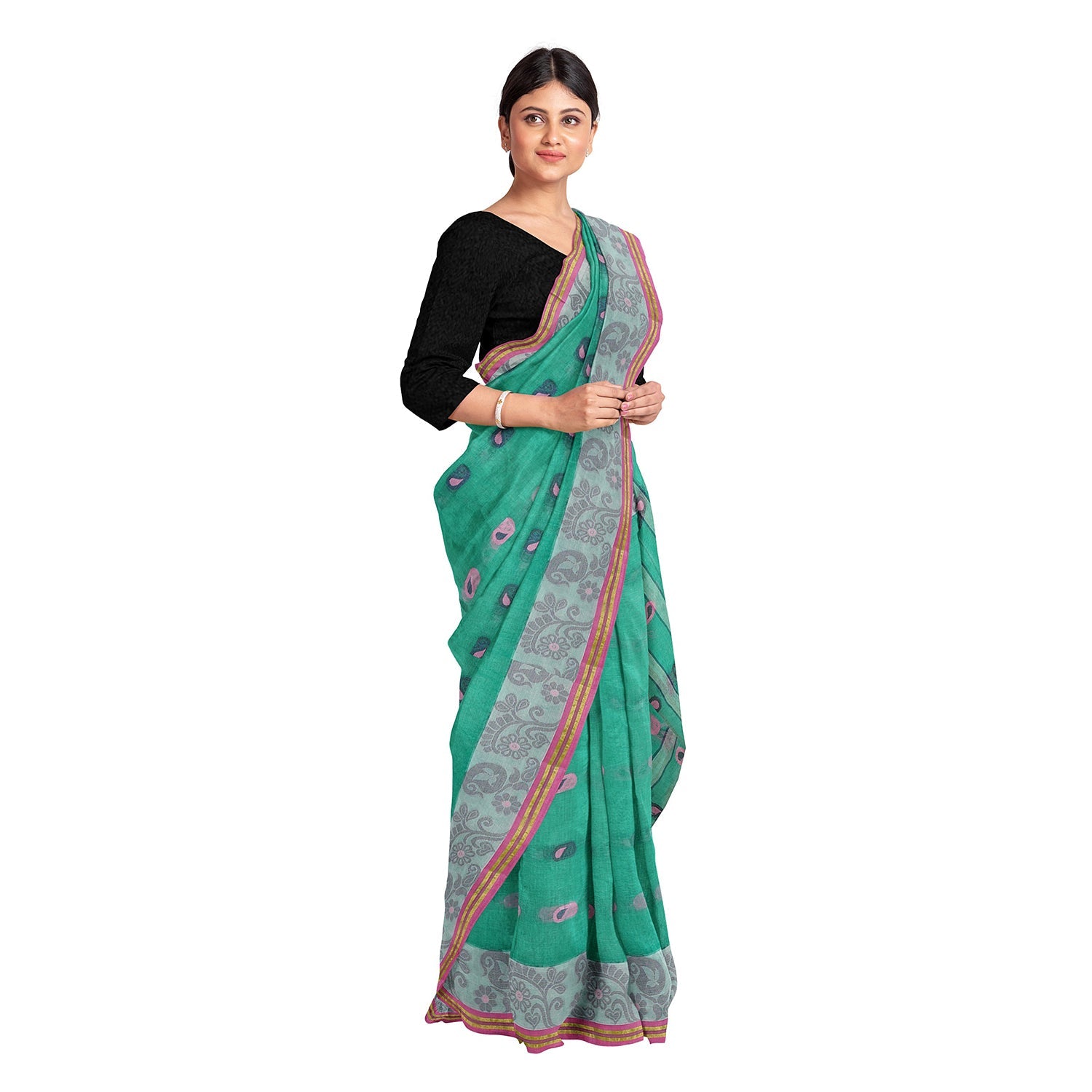 Exclusive Collection 100% Pure Cotton Green Tant Saree With Hand Weaving Work | Grocsy