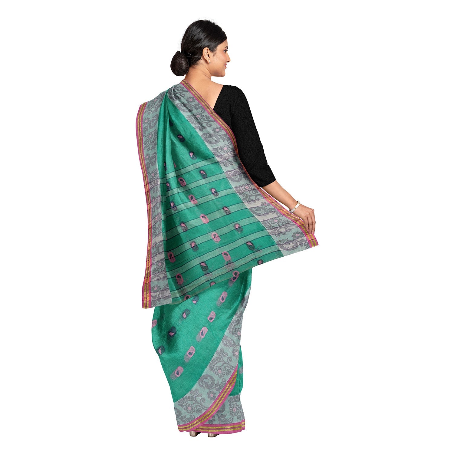 Exclusive Collection 100% Pure Cotton Green Tant Saree With Hand Weaving Work | Grocsy