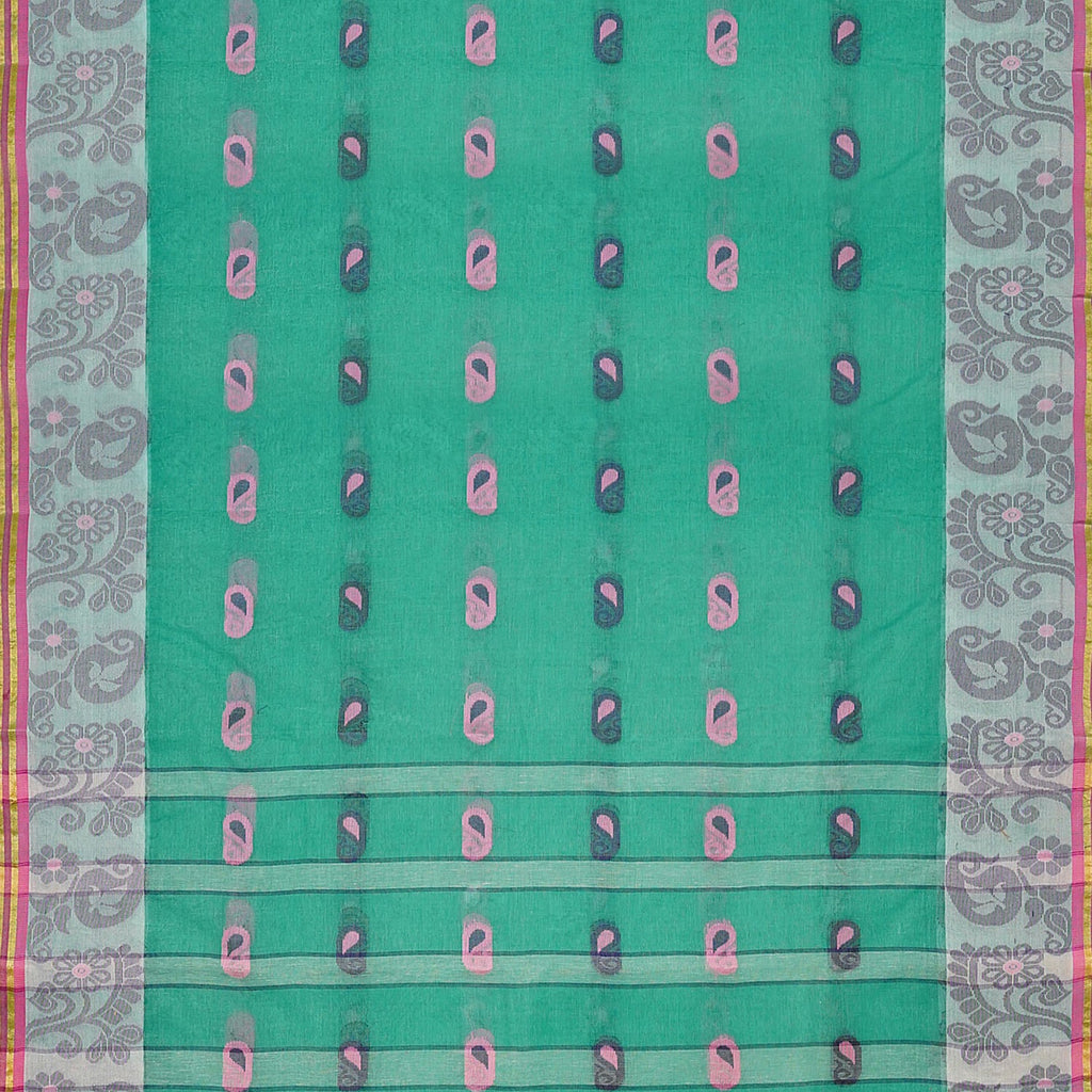 Exclusive Collection 100% Pure Cotton Green Tant Saree With Hand Weaving Work | Grocsy