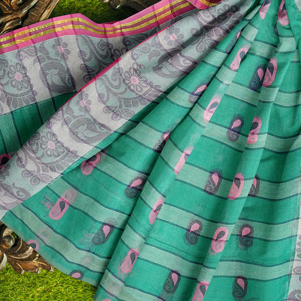 Exclusive Collection 100% Pure Cotton Green Tant Saree With Hand Weaving Work | Grocsy