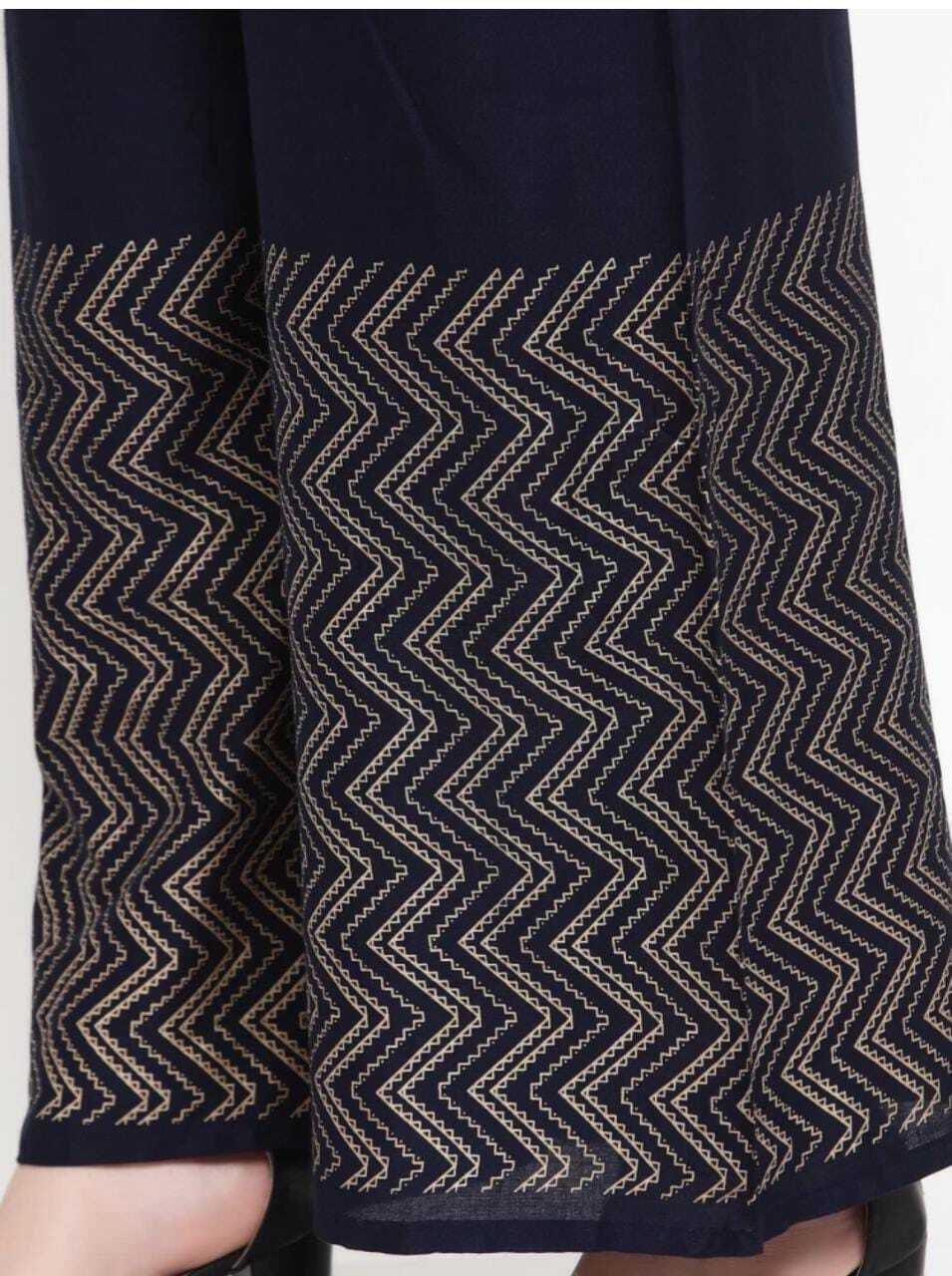 PAVONINE Navy Blue Color Rayon Fabric Zig-Zag Printed Palazzo For Women | Grocsy