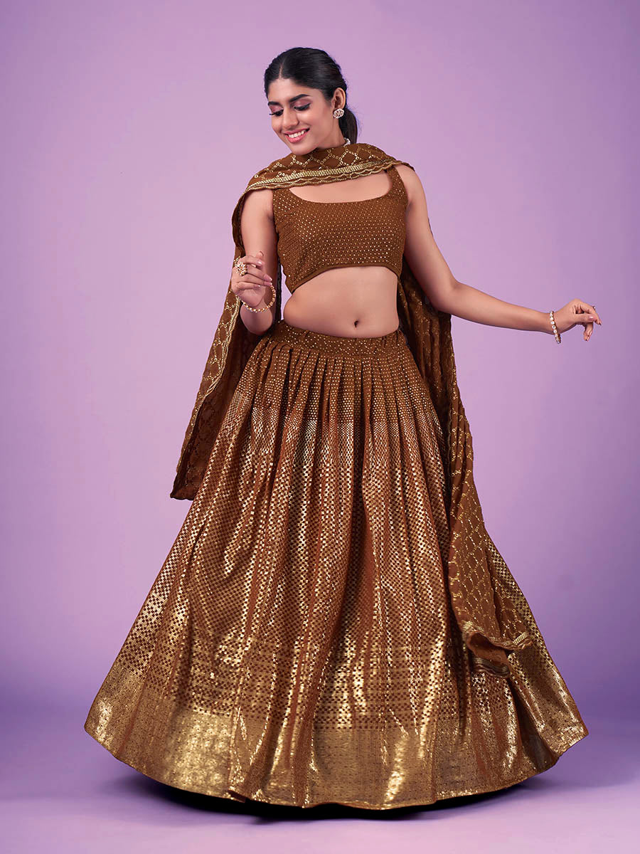 Myra Brown Georgette Embroidered Designer Lehenga | Grocsy