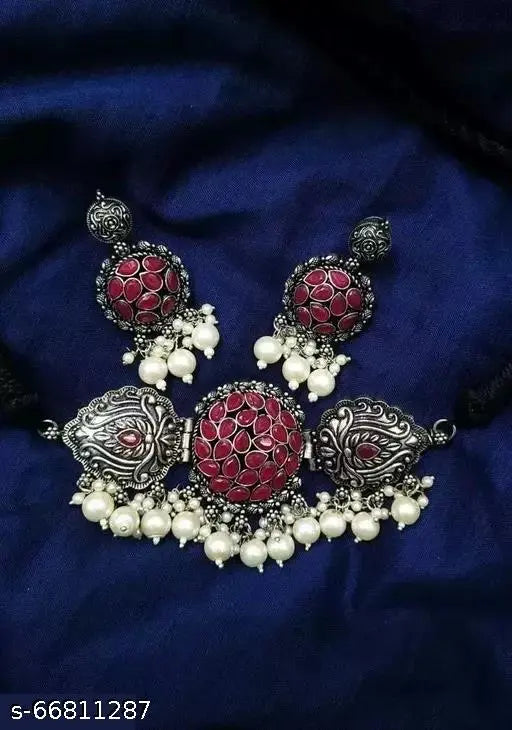 Tehzeeb Creations Women's Maroon Colour Meenakari Necklace Set With White Pearl | Grocsy