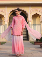 Juniper Women's Pink Solid Viscose Kurta Pant & Dupatta With Mirror Work & Gota Patti | Grocsy