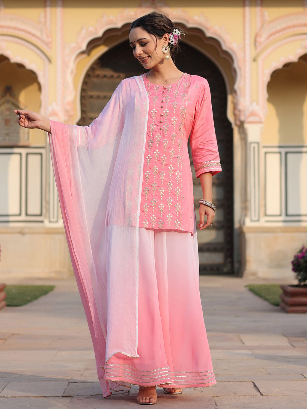 Juniper Women's Pink Solid Viscose Kurta Pant & Dupatta With Mirror Work & Gota Patti | Grocsy