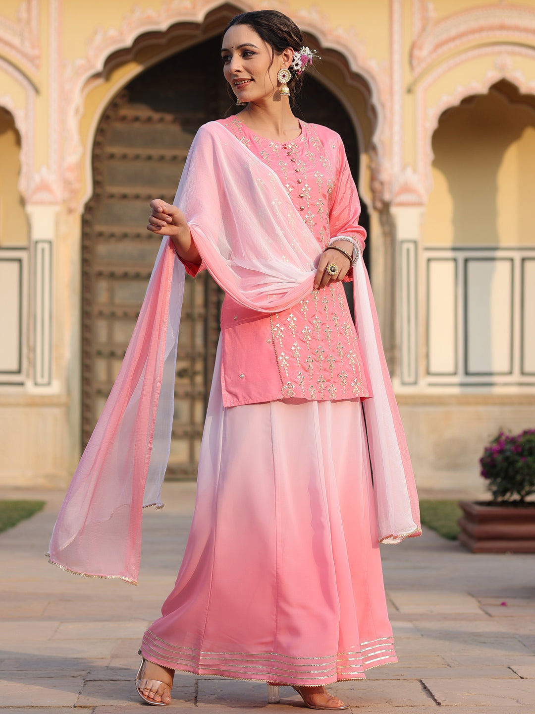 Juniper Women's Pink Solid Viscose Kurta Pant & Dupatta With Mirror Work & Gota Patti | Grocsy