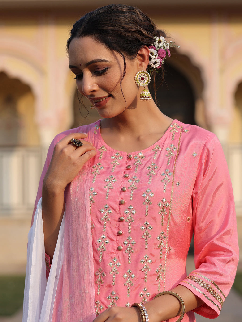 Juniper Women's Pink Solid Viscose Kurta Pant & Dupatta With Mirror Work & Gota Patti | Grocsy