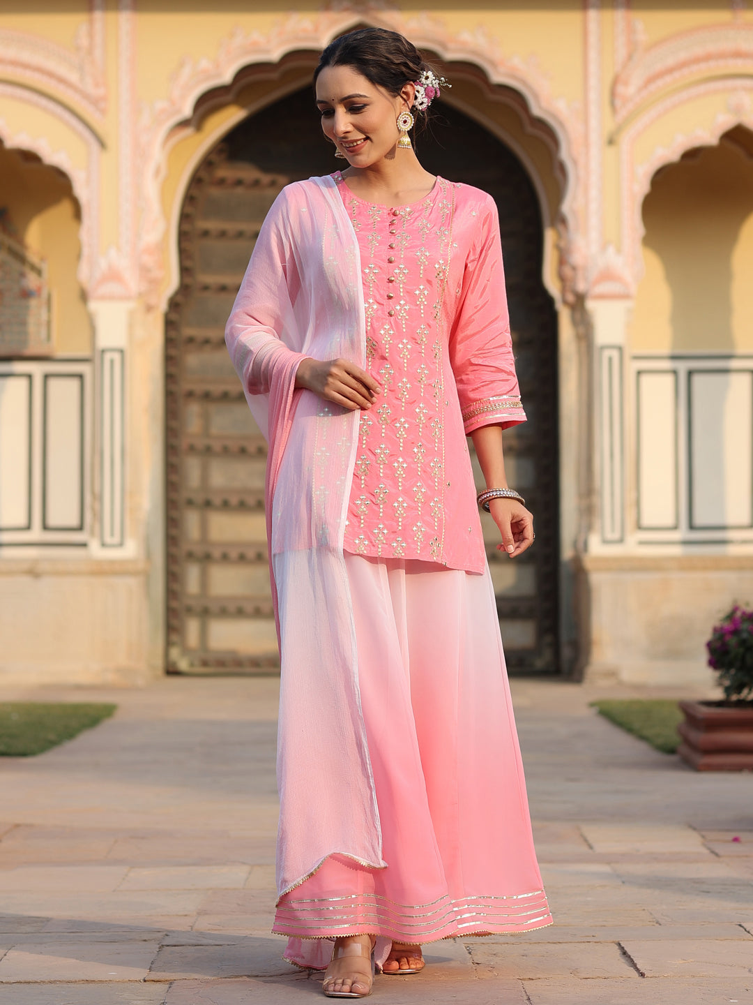 Juniper Women's Pink Solid Viscose Kurta Pant & Dupatta With Mirror Work & Gota Patti | Grocsy