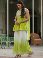 Juniper Women's Green Solid Georgette Kurta Pant & Dupatta Set With Mirror & Thread Work | Grocsy