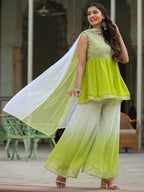 Juniper Women's Green Solid Georgette Kurta Pant & Dupatta Set With Mirror & Thread Work | Grocsy