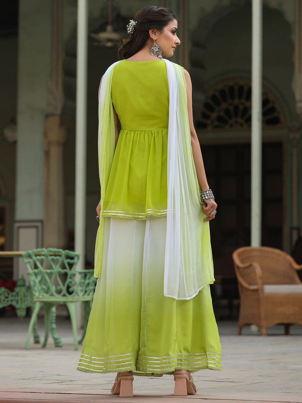 Juniper Women's Green Solid Georgette Kurta Pant & Dupatta Set With Mirror & Thread Work | Grocsy