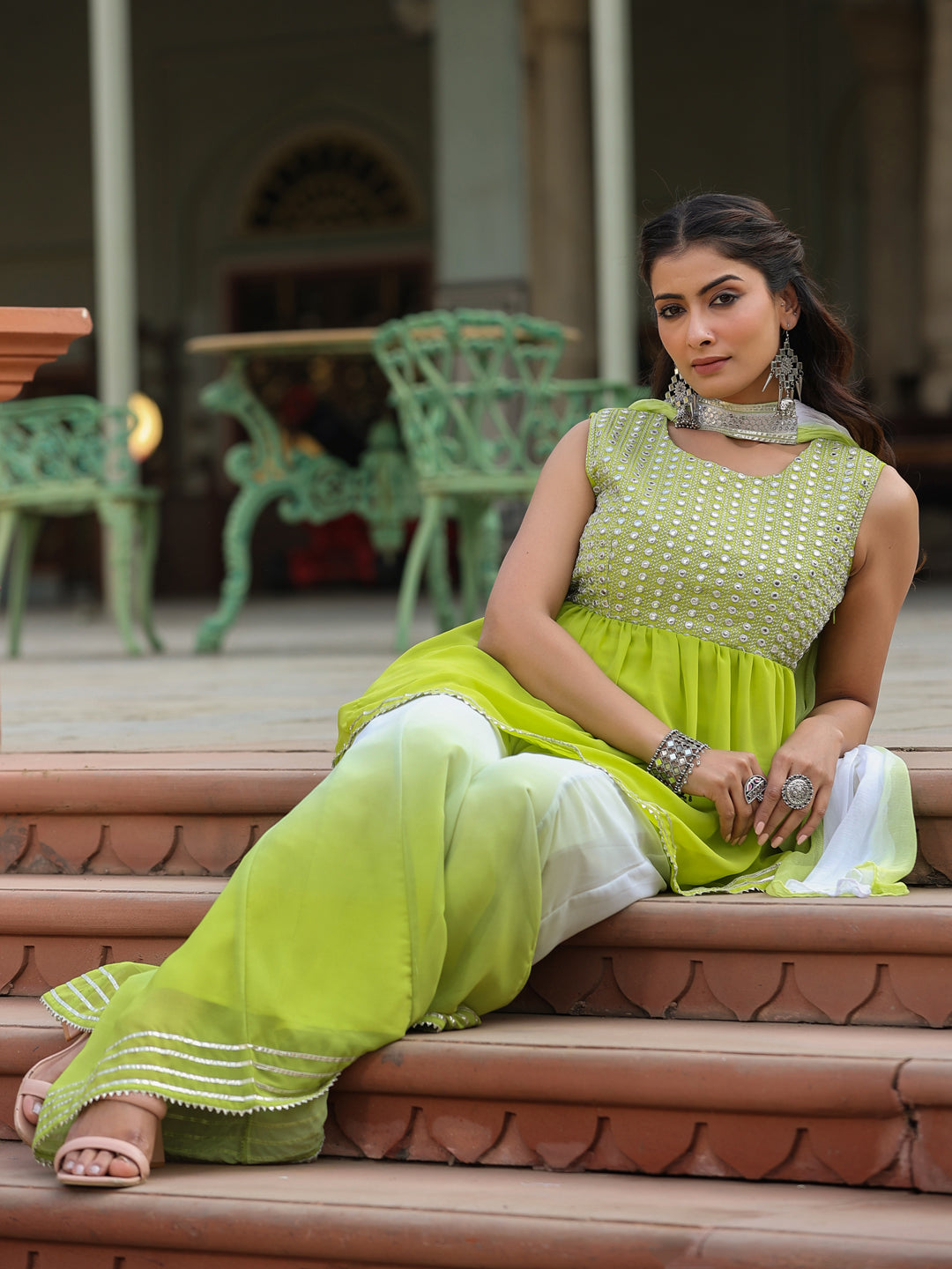 Juniper Women's Green Solid Georgette Kurta Pant & Dupatta Set With Mirror & Thread Work | Grocsy