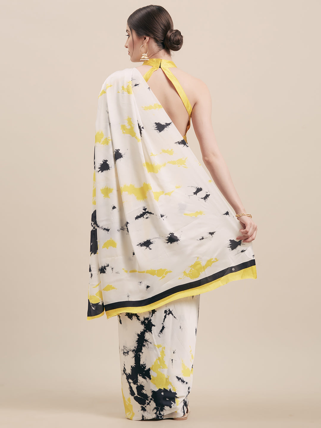 Tikhi Imli White & Yellow Satin Printed Saree | Grocsy