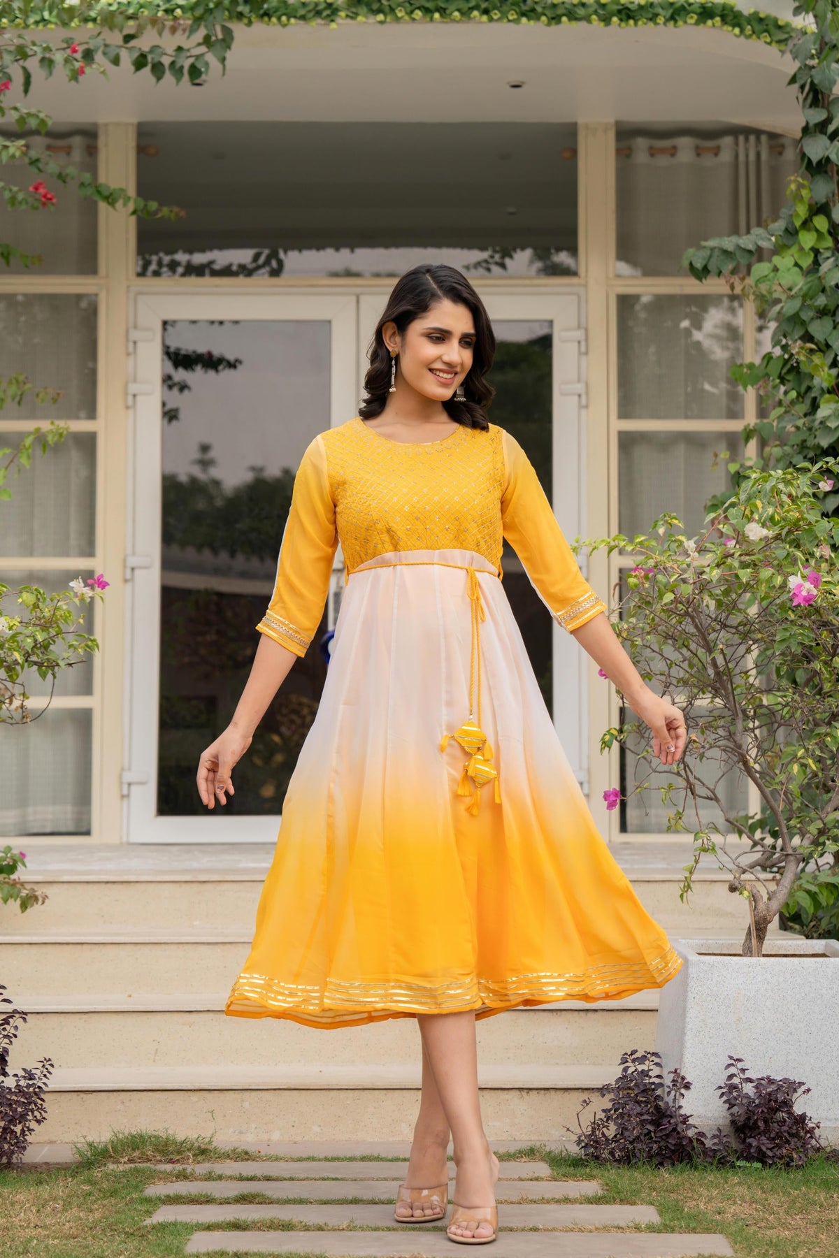 Juniper Women's Yellow Printed Georgette Dress With Doris At Waist & Sequins | Grocsy
