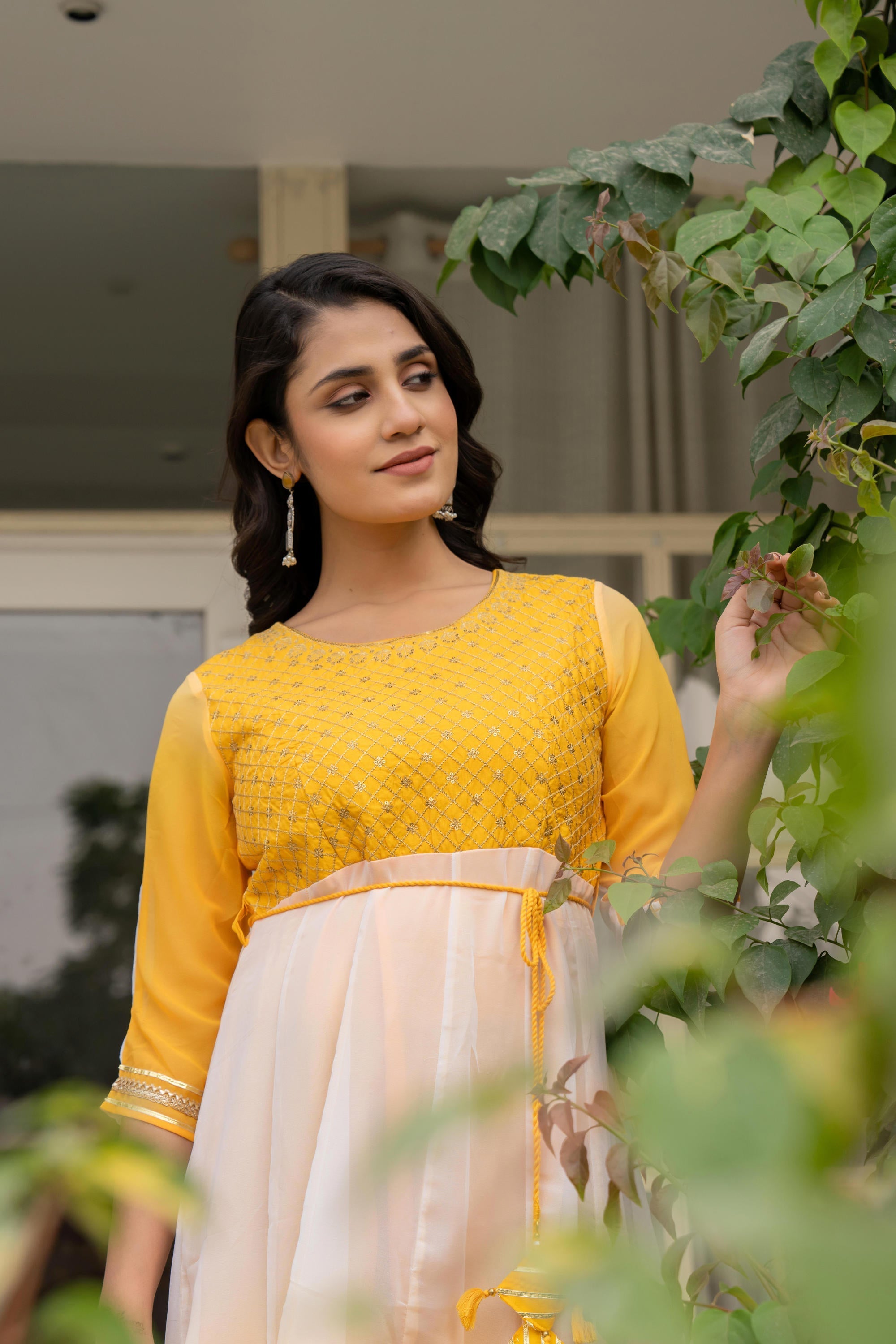 Juniper Women's Yellow Printed Georgette Dress With Doris At Waist & Sequins | Grocsy