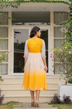 Juniper Women's Yellow Printed Georgette Dress With Doris At Waist & Sequins | Grocsy