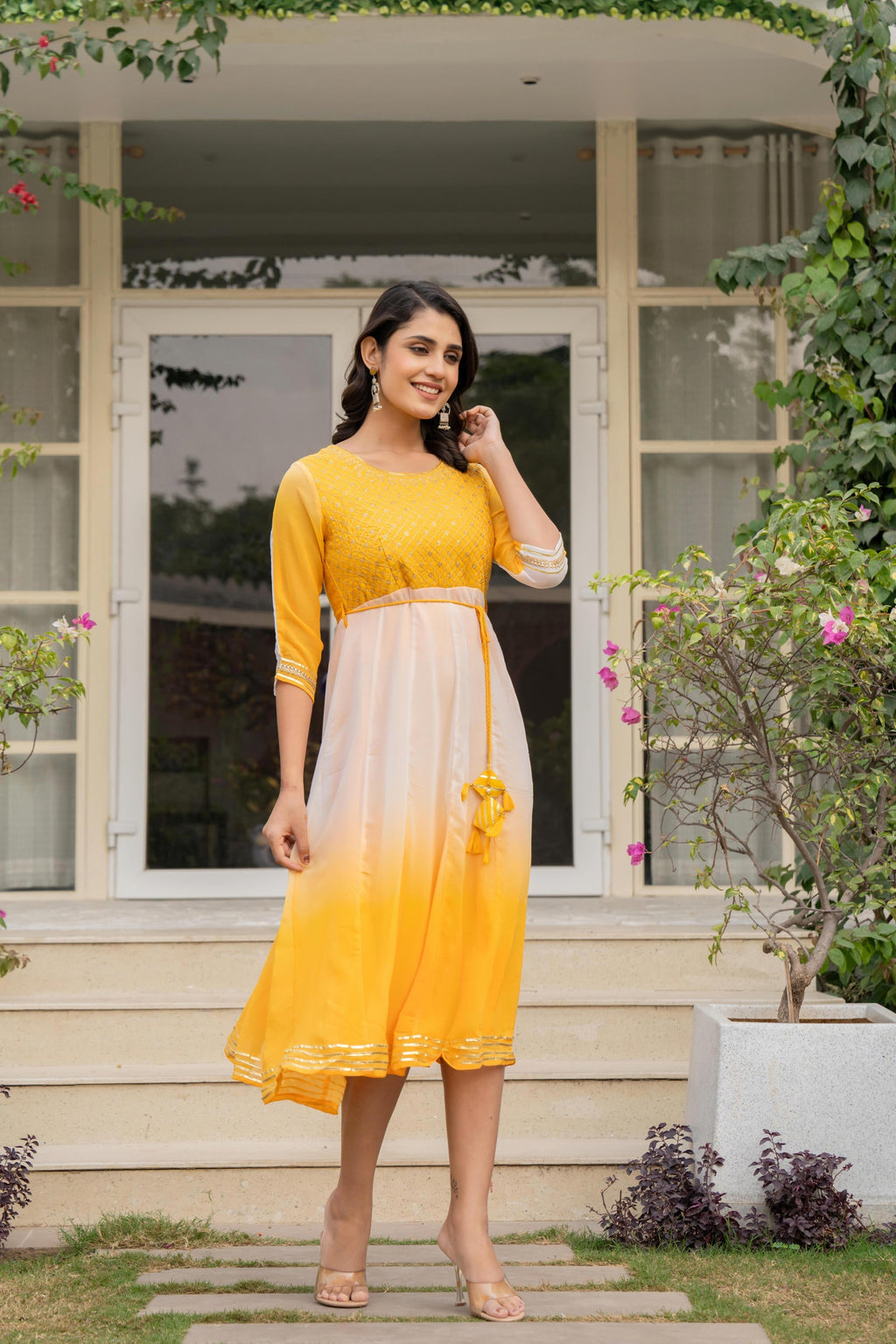 Juniper Women's Yellow Printed Georgette Dress With Doris At Waist & Sequins | Grocsy