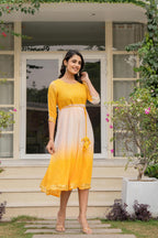 Juniper Women's Yellow Printed Georgette Dress With Doris At Waist & Sequins | Grocsy