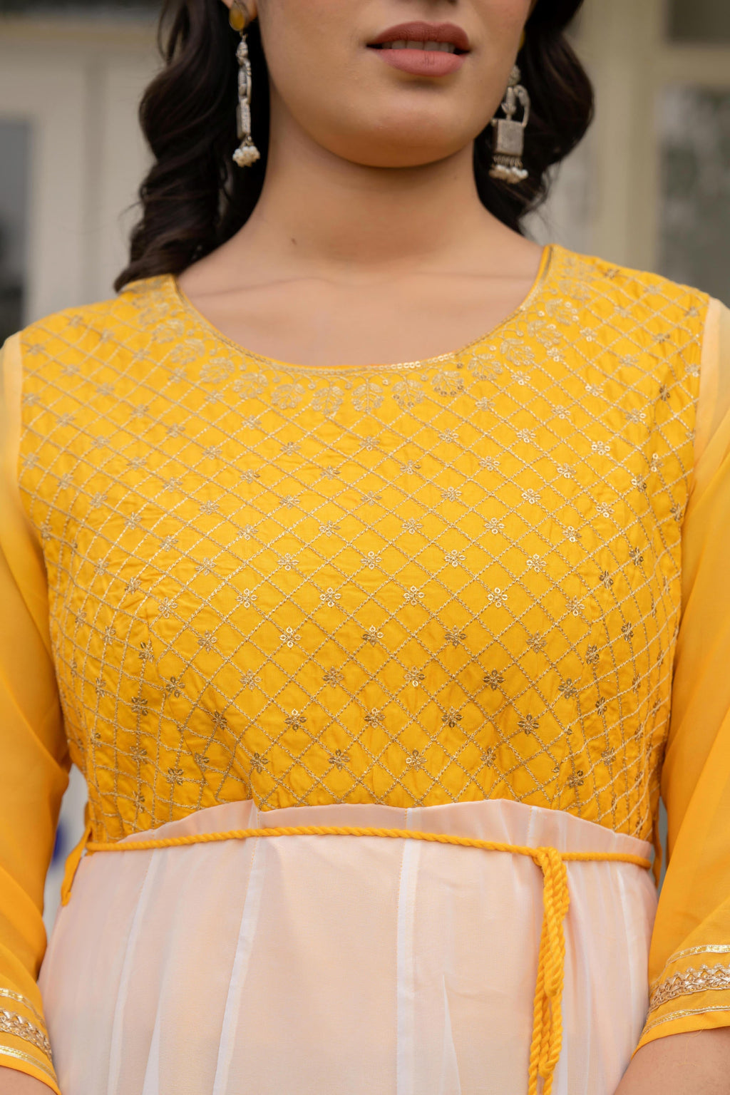Juniper Women's Yellow Printed Georgette Dress With Doris At Waist & Sequins | Grocsy