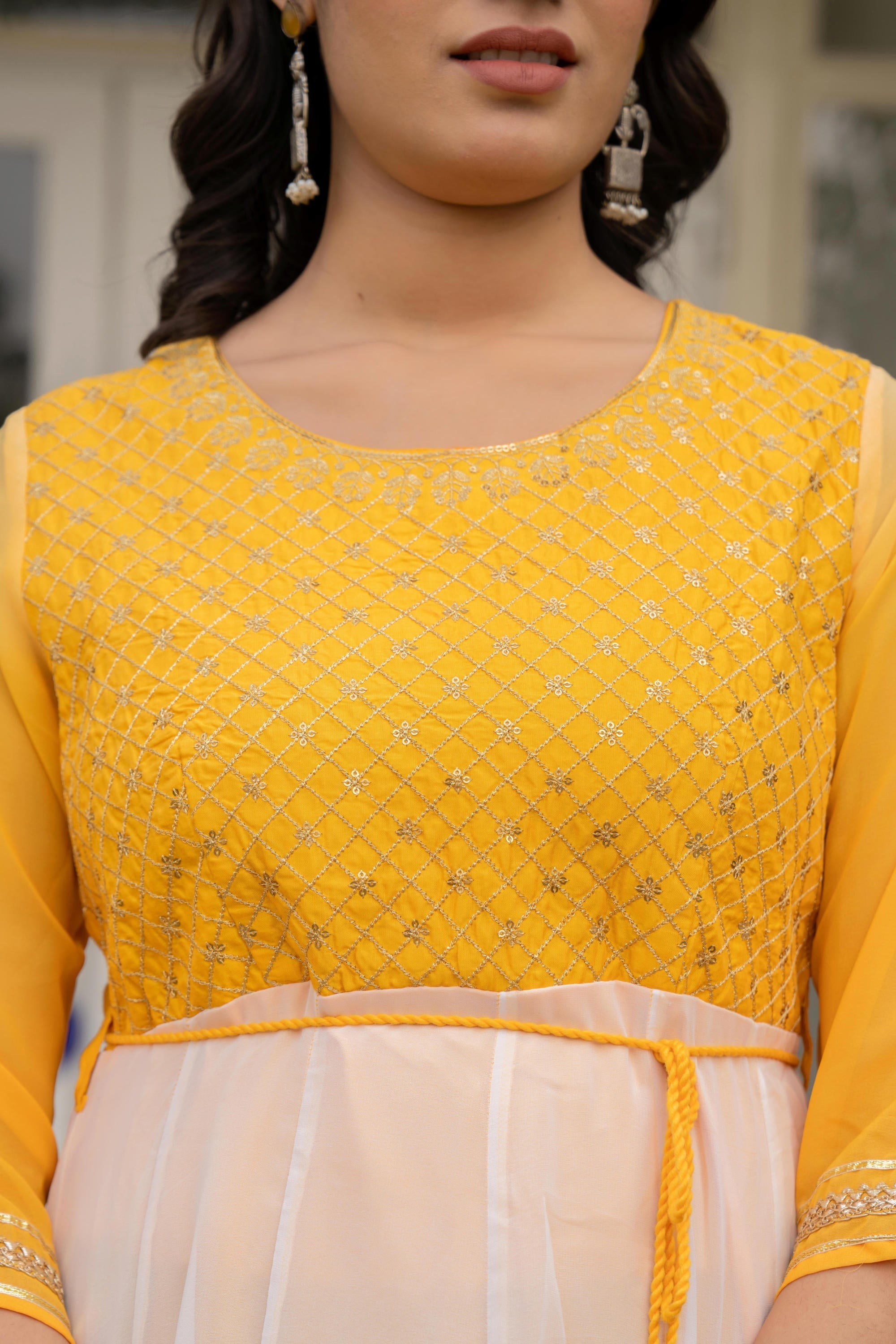 Juniper Women's Yellow Printed Georgette Dress With Doris At Waist & Sequins | Grocsy