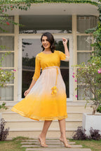 Juniper Women's Yellow Printed Georgette Dress With Doris At Waist & Sequins | Grocsy