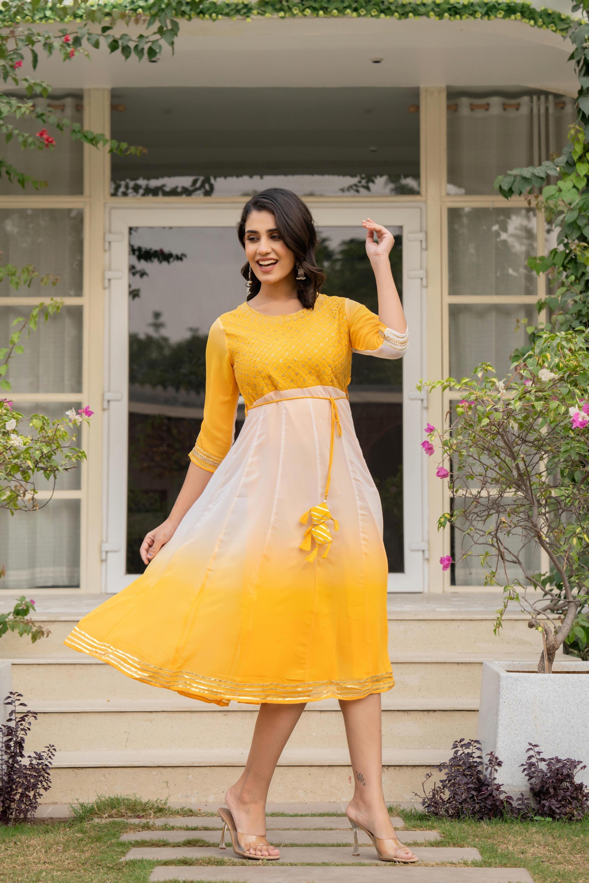 Juniper Women's Yellow Printed Georgette Dress With Doris At Waist & Sequins | Grocsy