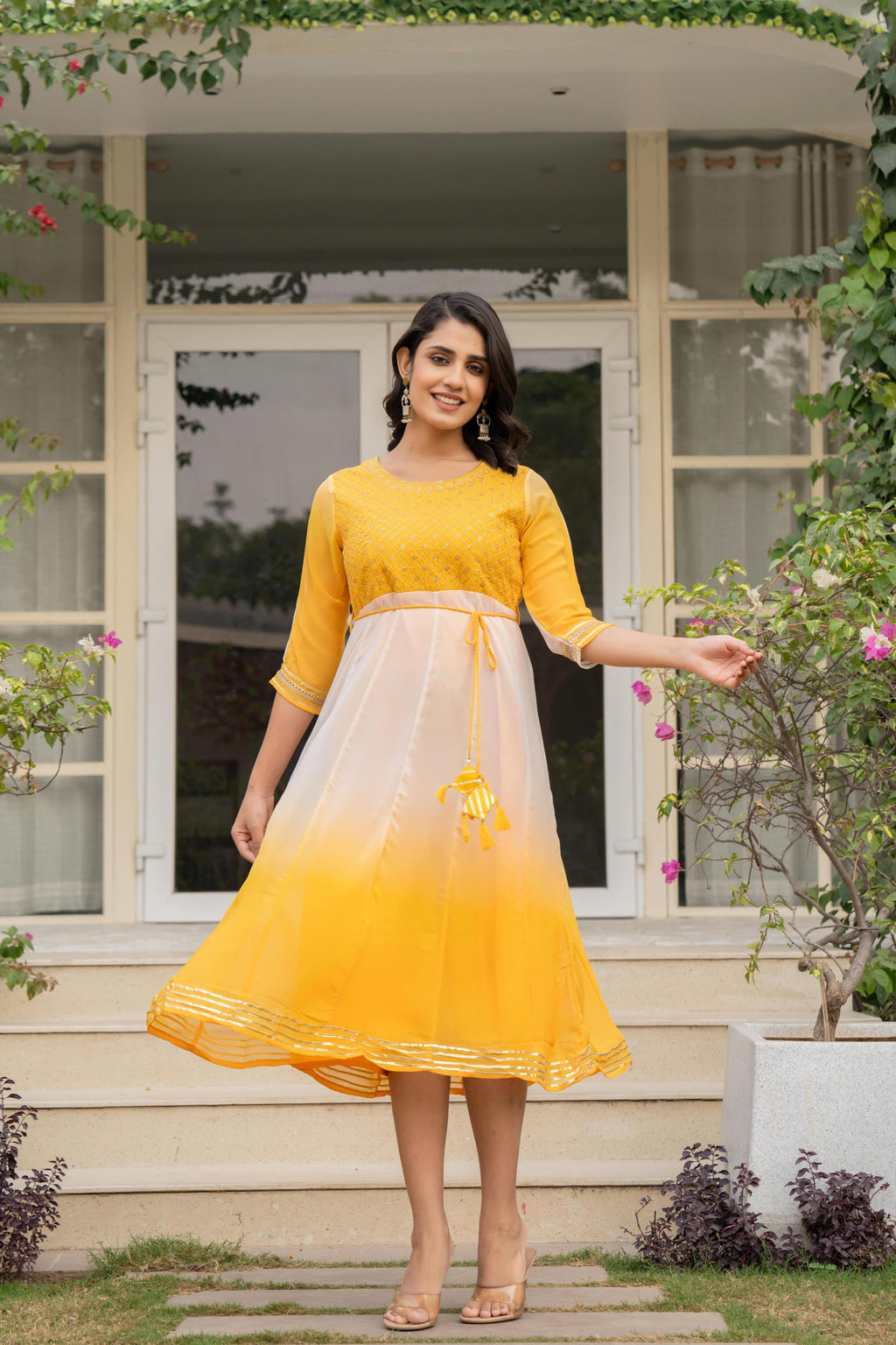 Juniper Women's Yellow Printed Georgette Dress With Doris At Waist & Sequins | Grocsy