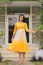 Juniper Women's Yellow Printed Georgette Dress With Doris At Waist & Sequins | Grocsy