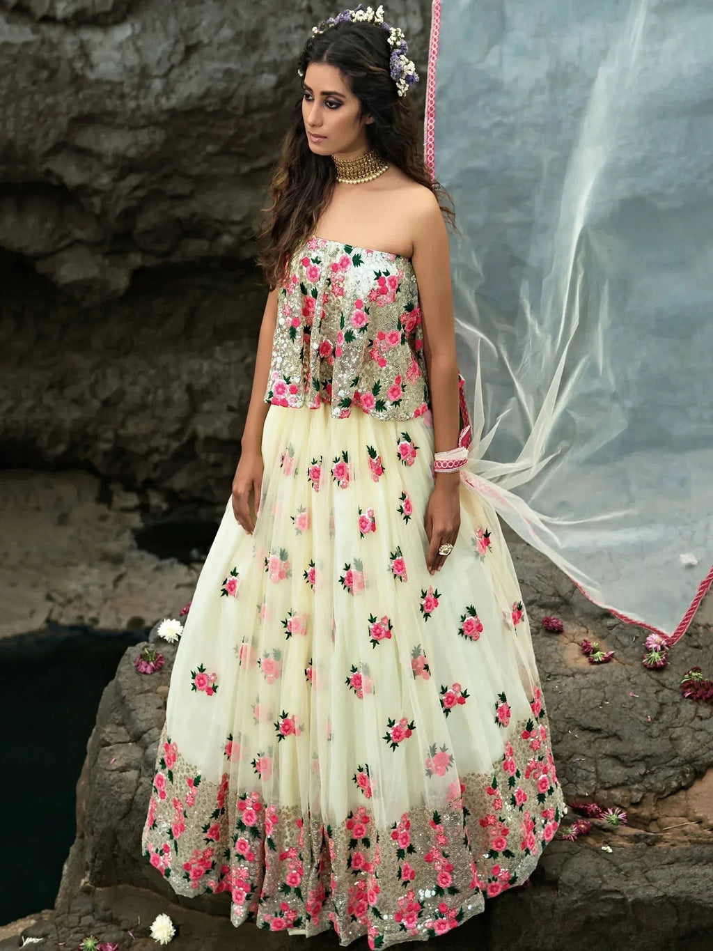 Tulsi Art Off White Floral Thread Embroidered Soft Net Party Wear Lehenga Choli | Grocsy