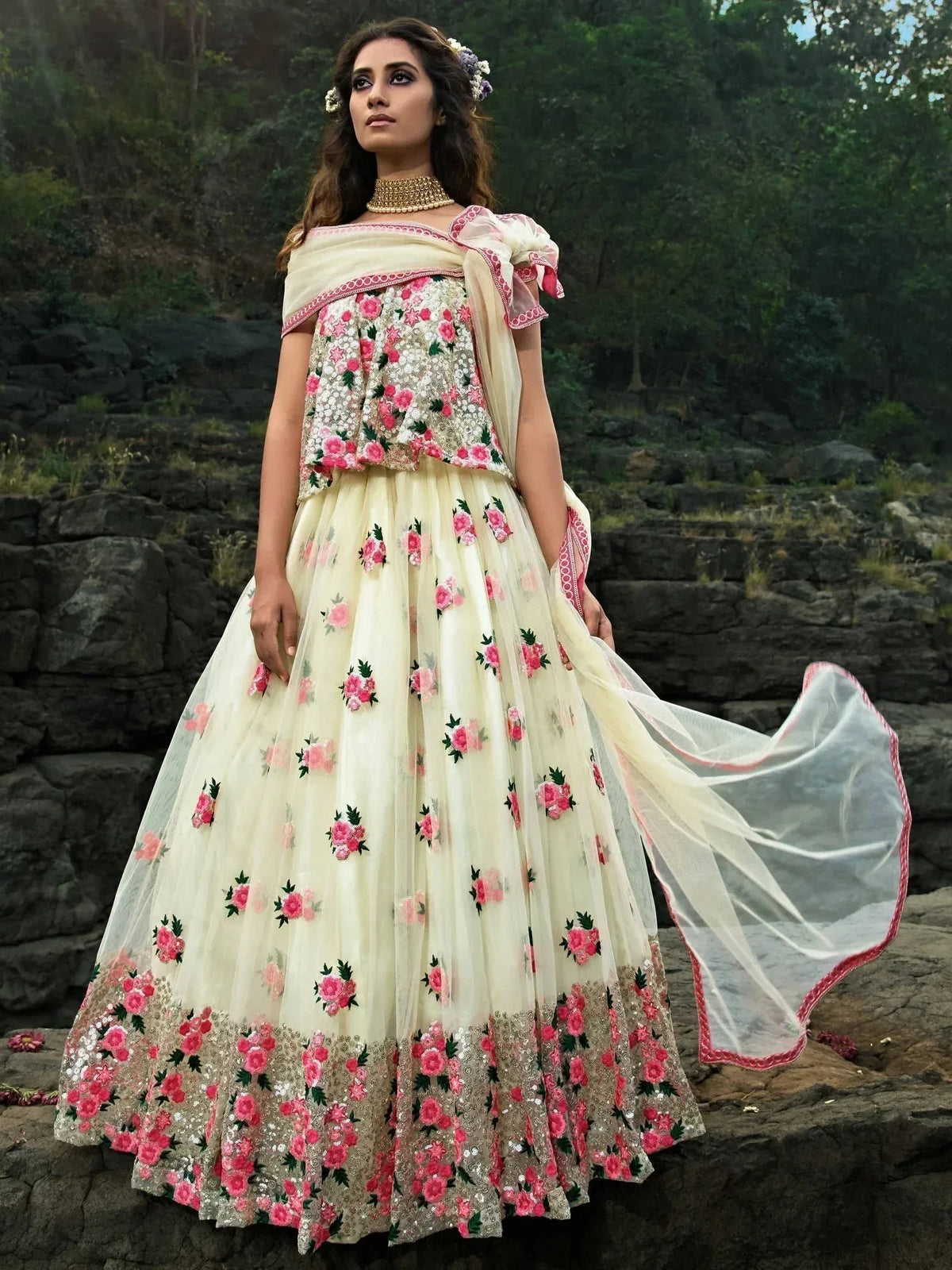 Tulsi Art Off White Floral Thread Embroidered Soft Net Party Wear Lehenga Choli | Grocsy