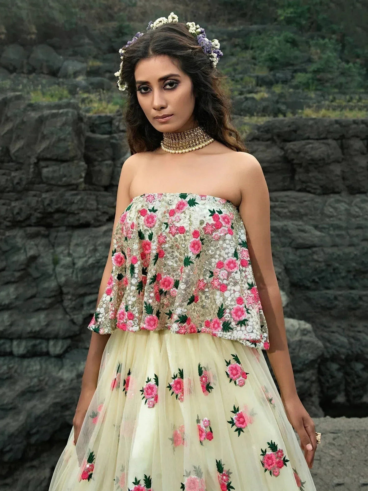 Tulsi Art Off White Floral Thread Embroidered Soft Net Party Wear Lehenga Choli | Grocsy