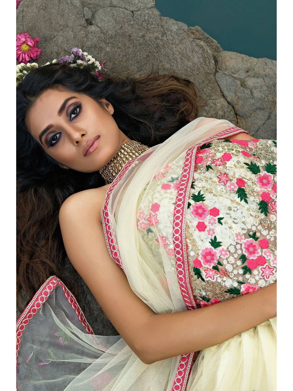 Tulsi Art Off White Floral Thread Embroidered Soft Net Party Wear Lehenga Choli | Grocsy
