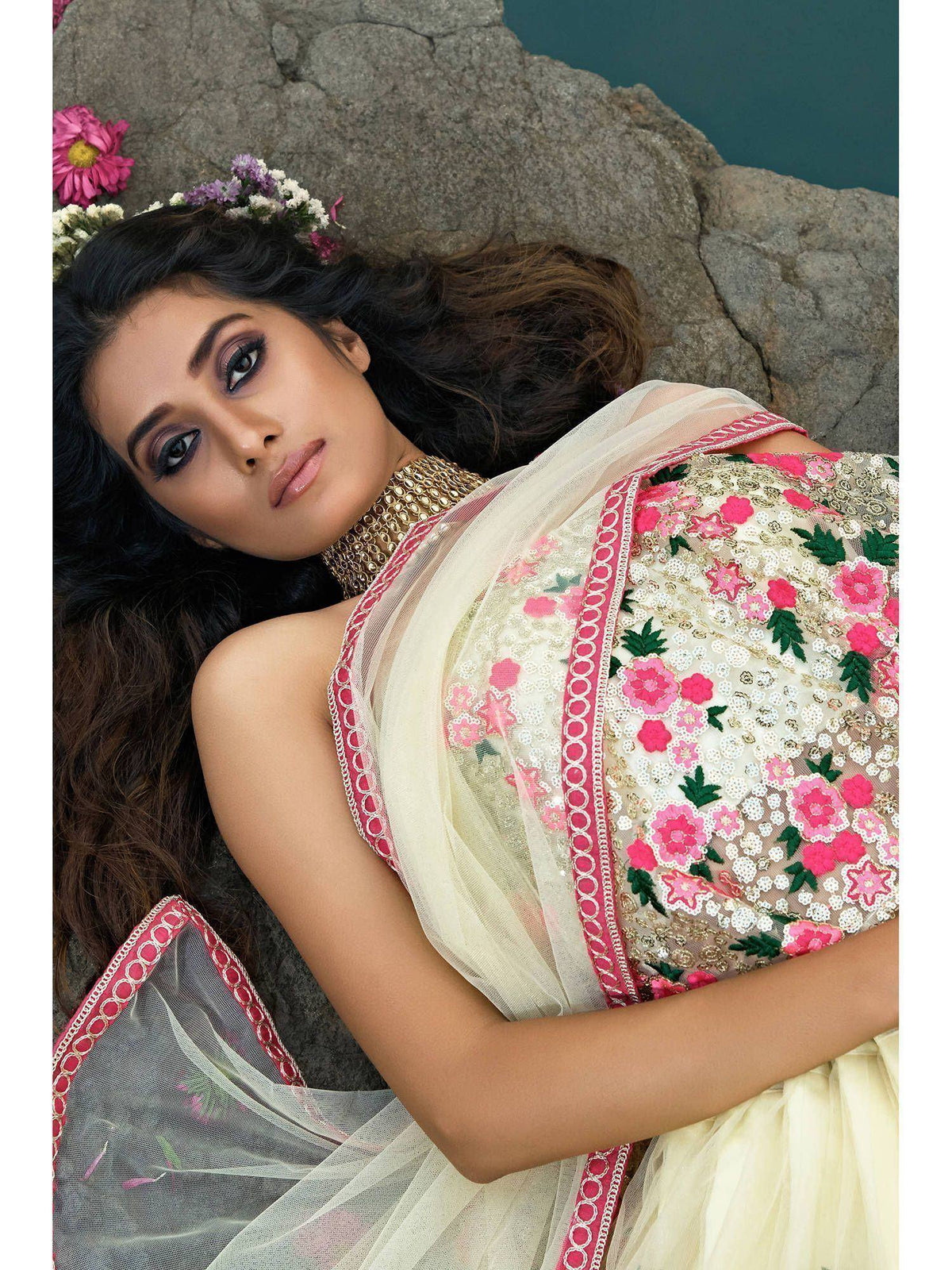 Tulsi Art Off White Floral Thread Embroidered Soft Net Party Wear Lehenga Choli | Grocsy