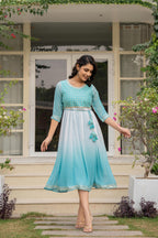Juniper Women's Teal Solid Georgette Dress With Doris At Waist & Mirror Work | Grocsy