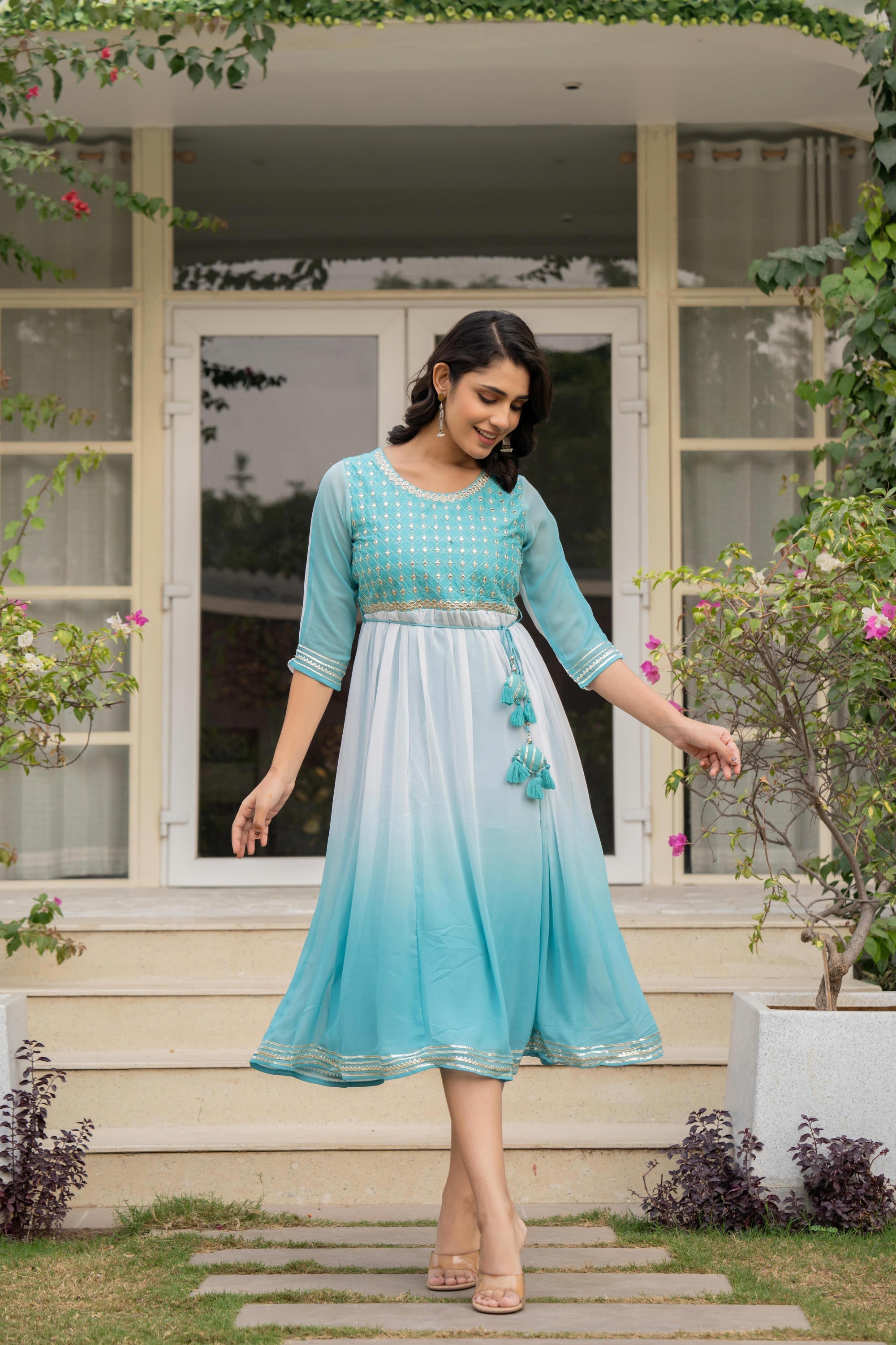 Juniper Women's Teal Solid Georgette Dress With Doris At Waist & Mirror Work | Grocsy