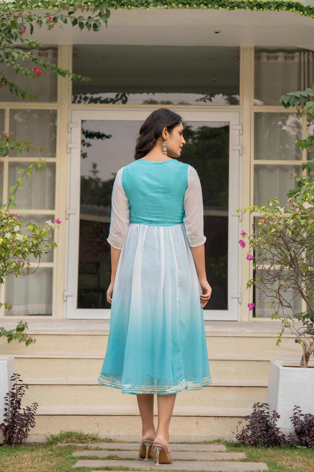Juniper Women's Teal Solid Georgette Dress With Doris At Waist & Mirror Work | Grocsy