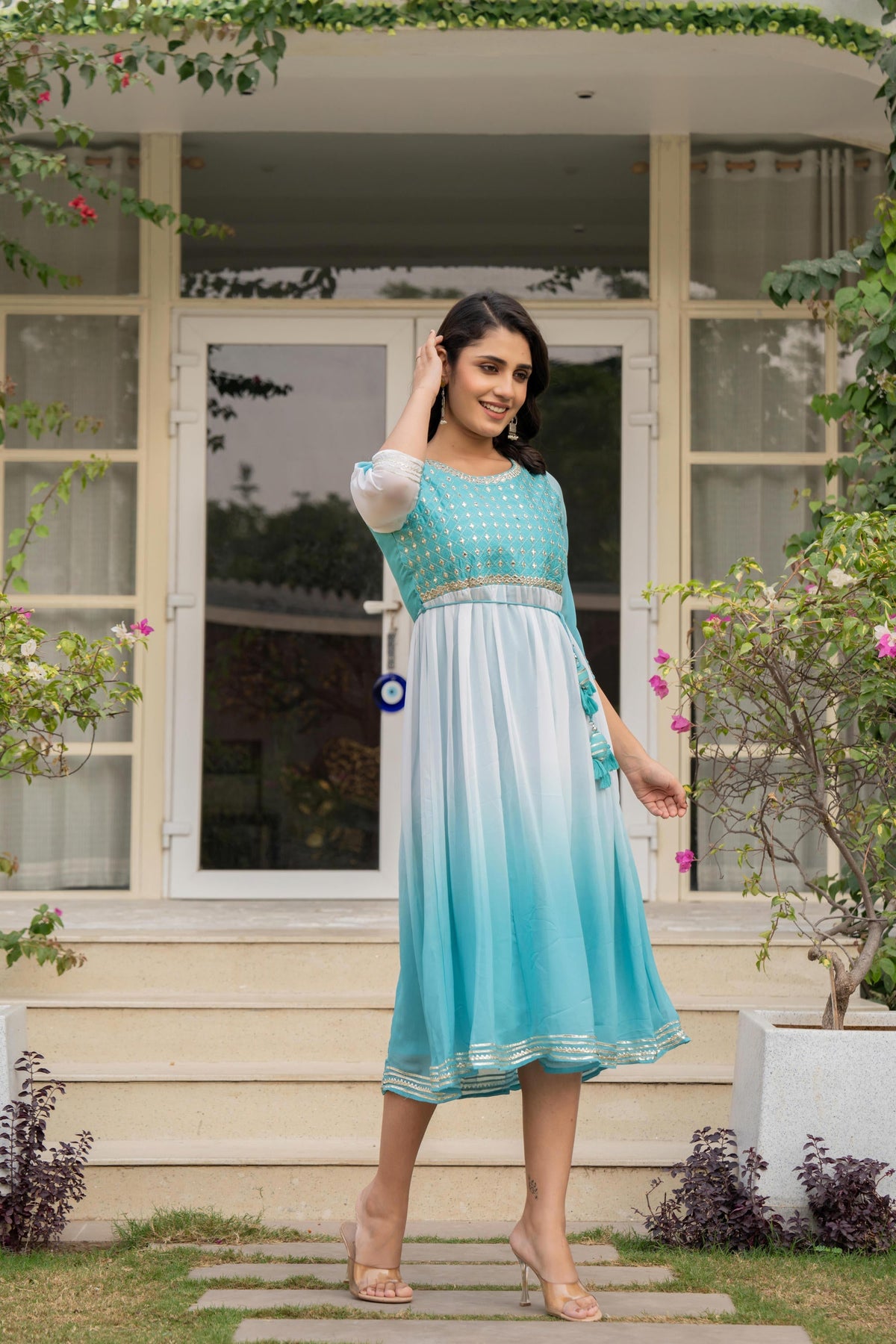 Juniper Women's Teal Solid Georgette Dress With Doris At Waist & Mirror Work | Grocsy