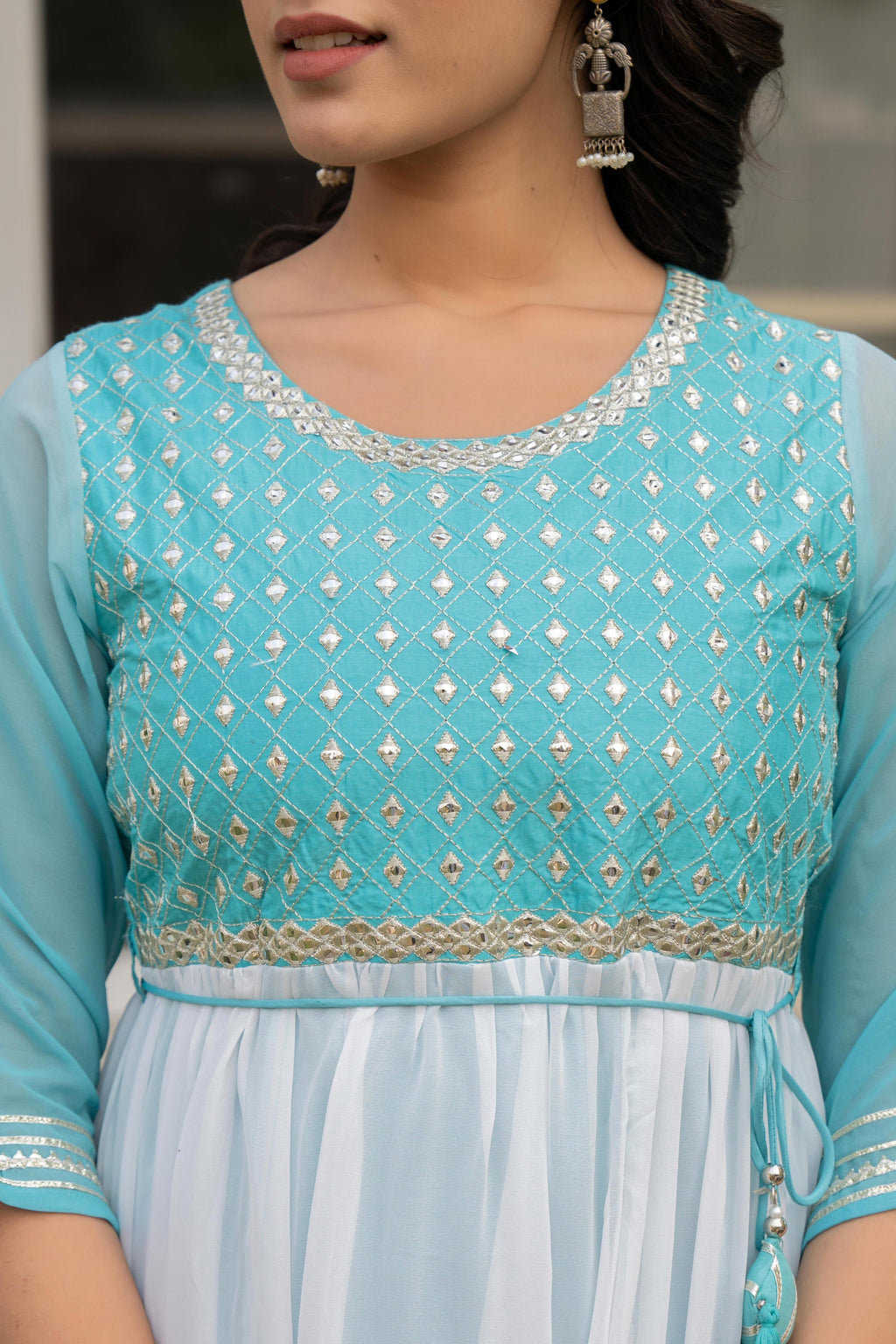 Juniper Women's Teal Solid Georgette Dress With Doris At Waist & Mirror Work | Grocsy