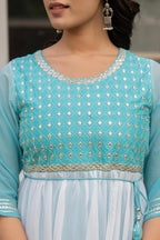 Juniper Women's Teal Solid Georgette Dress With Doris At Waist & Mirror Work | Grocsy