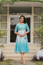 Juniper Women's Teal Solid Georgette Dress With Doris At Waist & Mirror Work | Grocsy