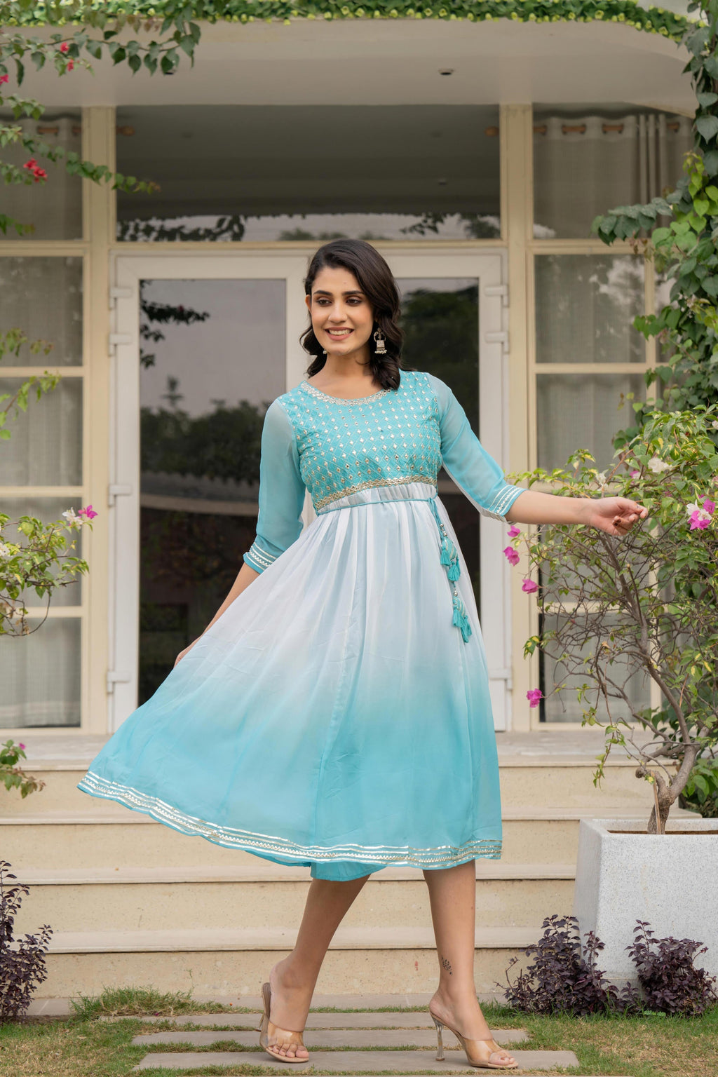 Juniper Women's Teal Solid Georgette Dress With Doris At Waist & Mirror Work | Grocsy