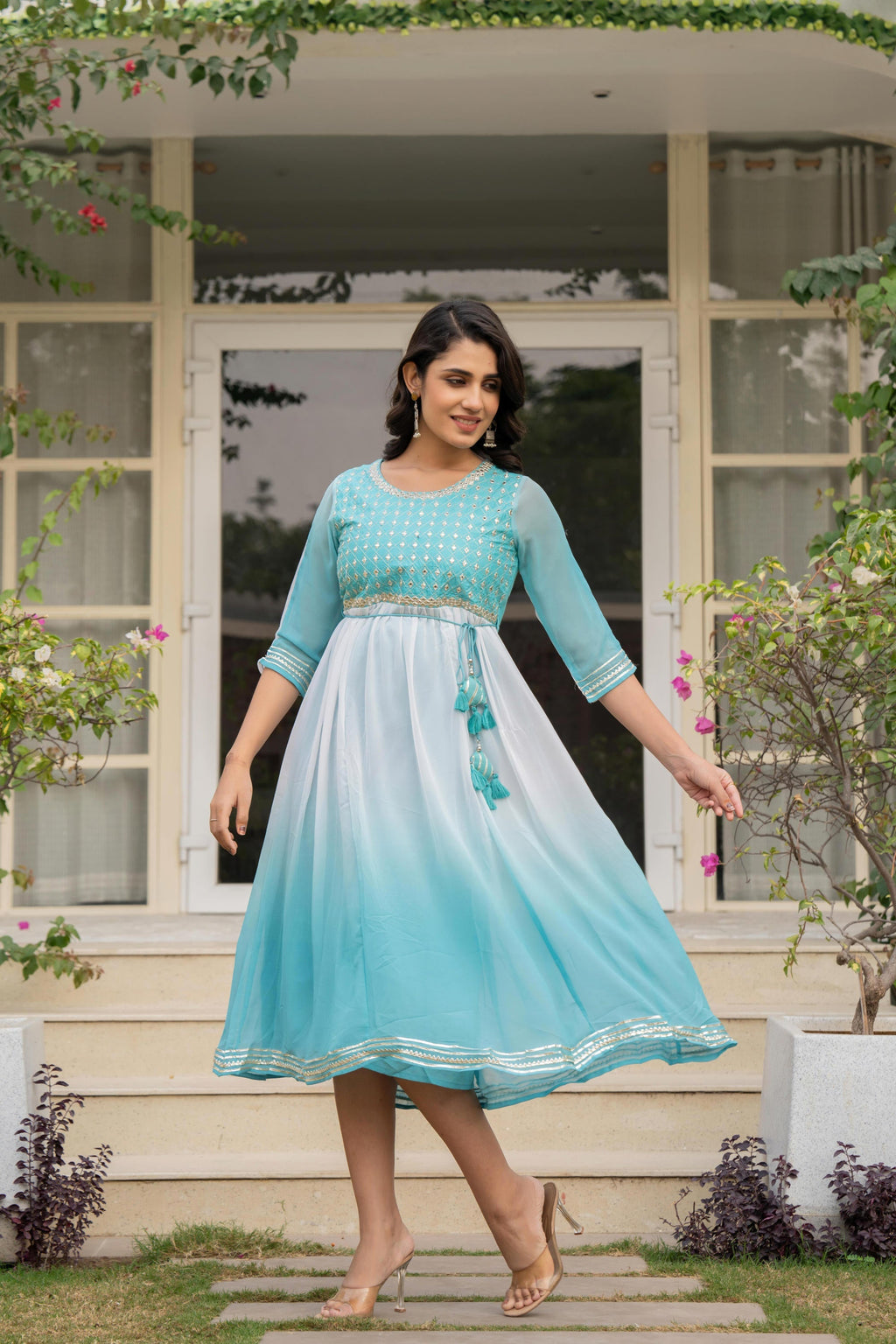 Juniper Women's Teal Solid Georgette Dress With Doris At Waist & Mirror Work | Grocsy