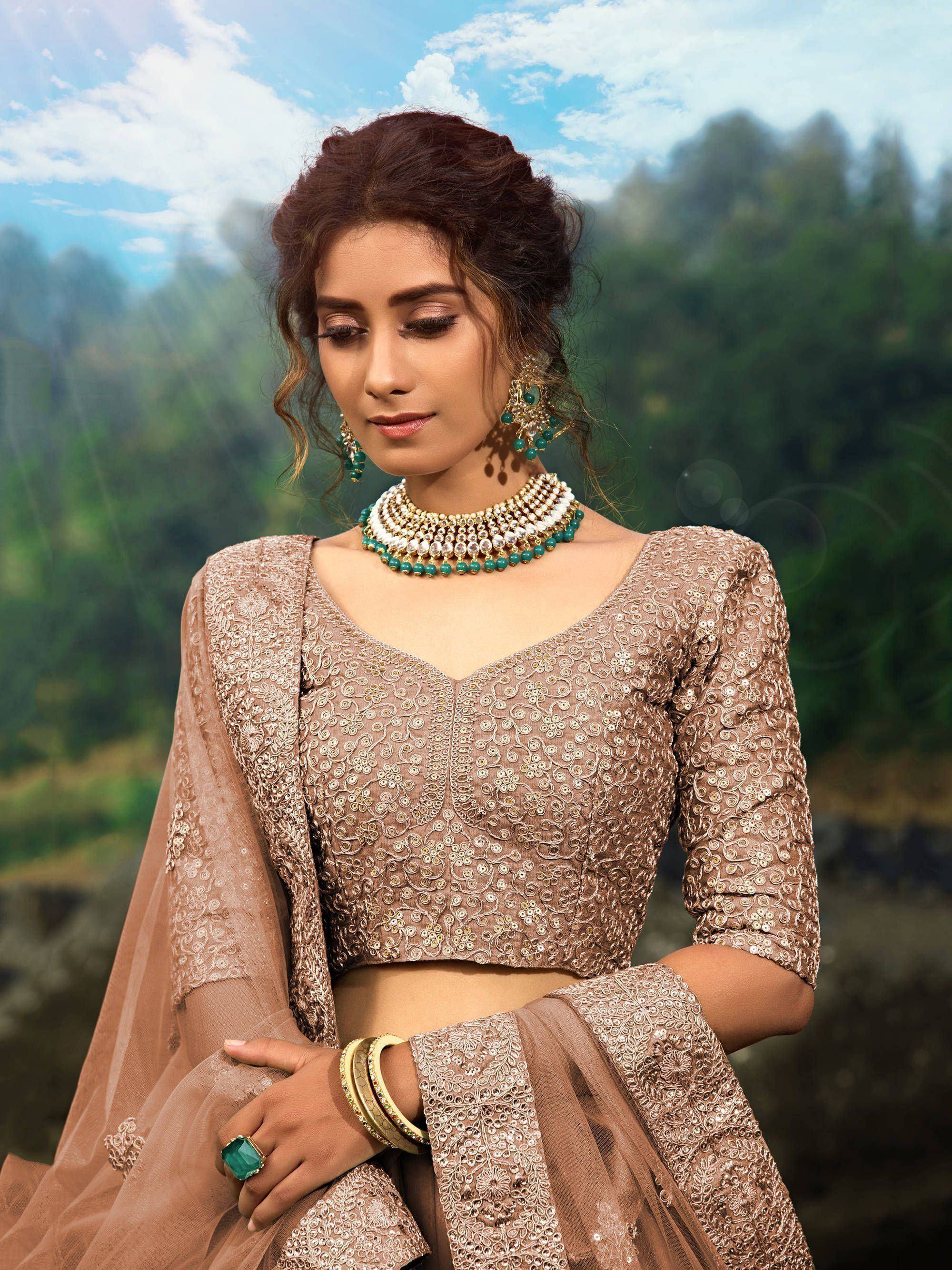 Tulsi Art Brown Zari Worked Soft Net Wedding Wear Lehenga Choli | Grocsy