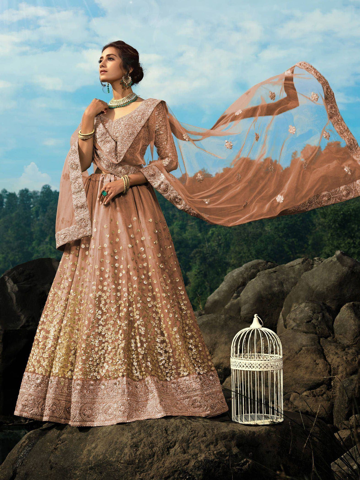 Tulsi Art Brown Zari Worked Soft Net Wedding Wear Lehenga Choli | Grocsy