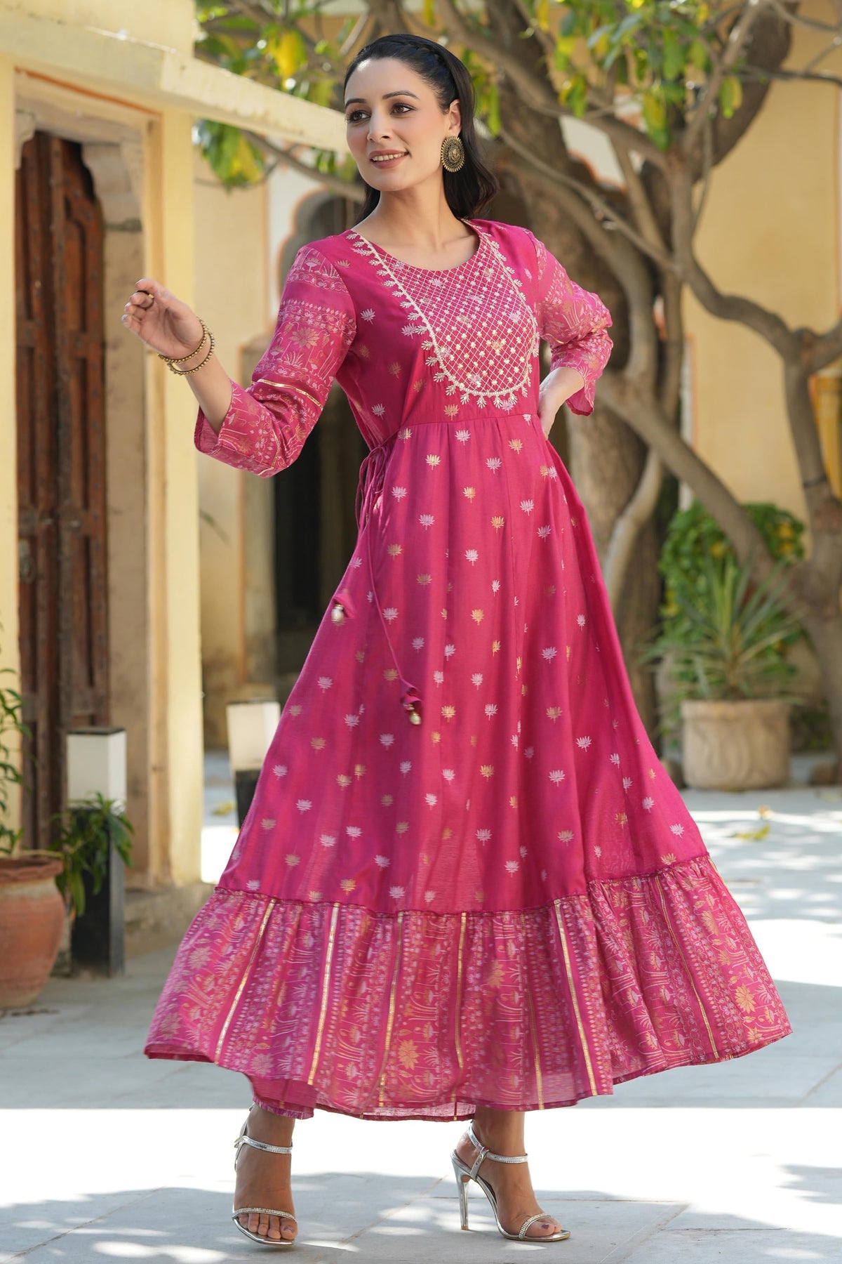 Juniper Women's Fuchsia Ethnic Motif Printed Viscose Dress With Doris & Sequins | Grocsy