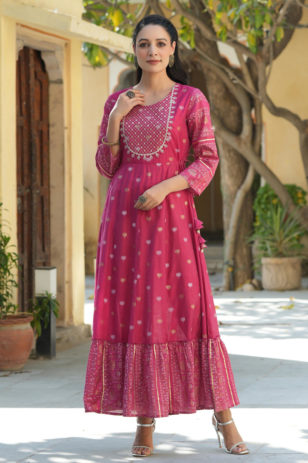 Juniper Women's Fuchsia Ethnic Motif Printed Viscose Dress With Doris & Sequins | Grocsy