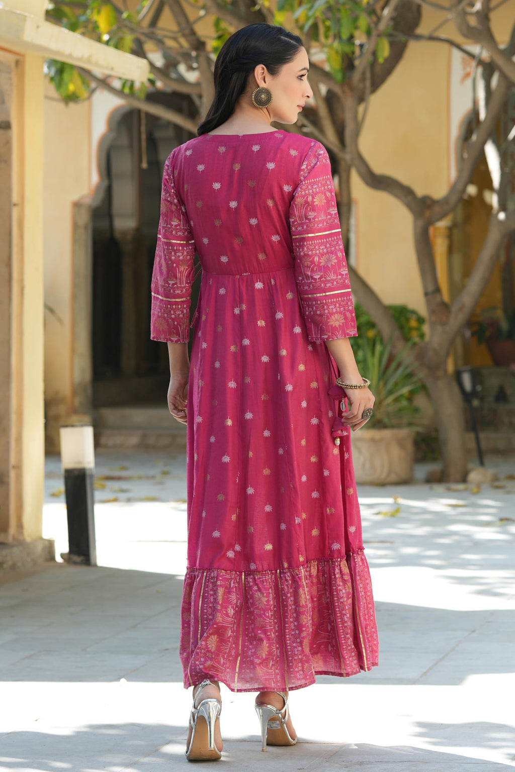 Juniper Women's Fuchsia Ethnic Motif Printed Viscose Dress With Doris & Sequins | Grocsy