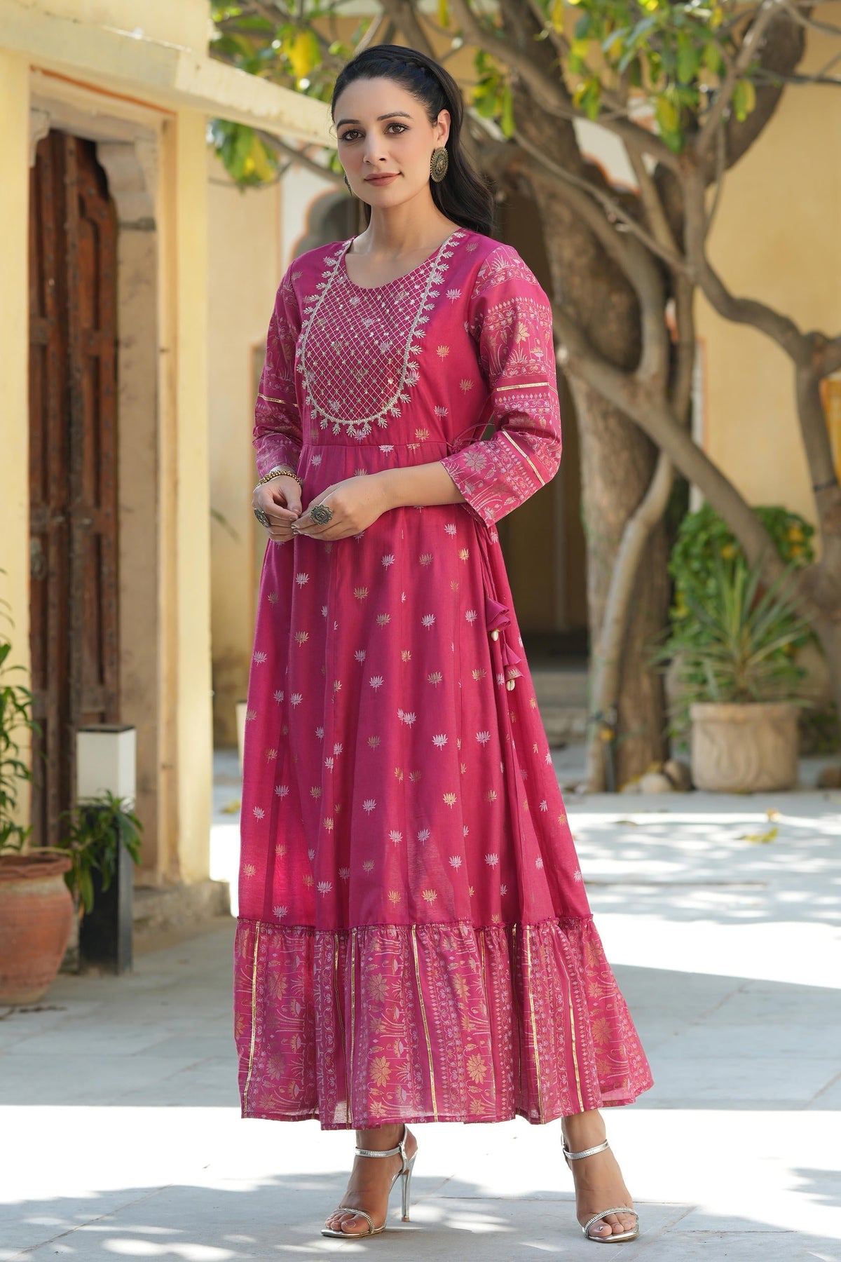 Juniper Women's Fuchsia Ethnic Motif Printed Viscose Dress With Doris & Sequins | Grocsy