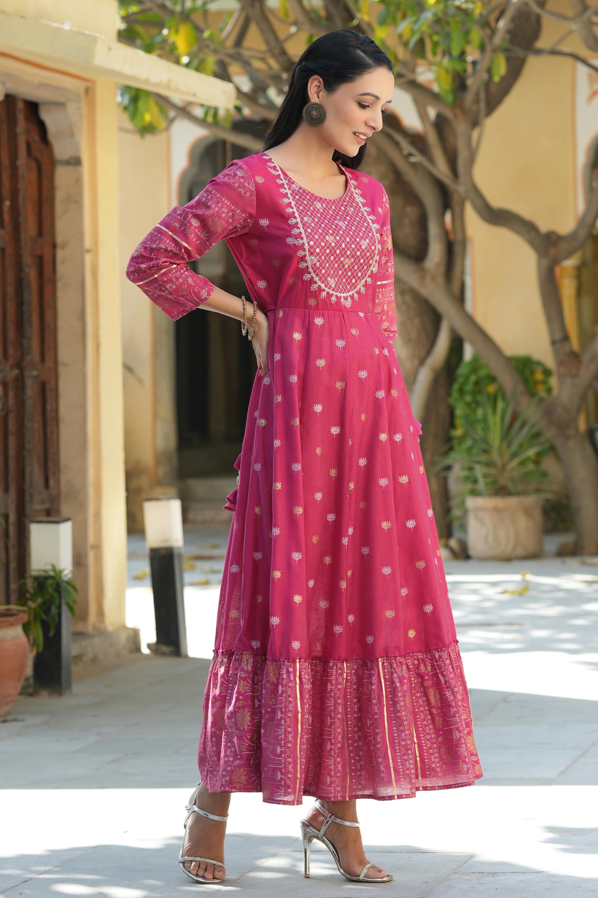 Juniper Women's Fuchsia Ethnic Motif Printed Viscose Dress With Doris & Sequins | Grocsy